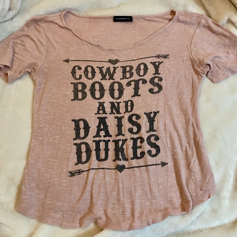 Pink Graphic Tee with Cowboy Boots and Daisy Dukes Print by Flashmob